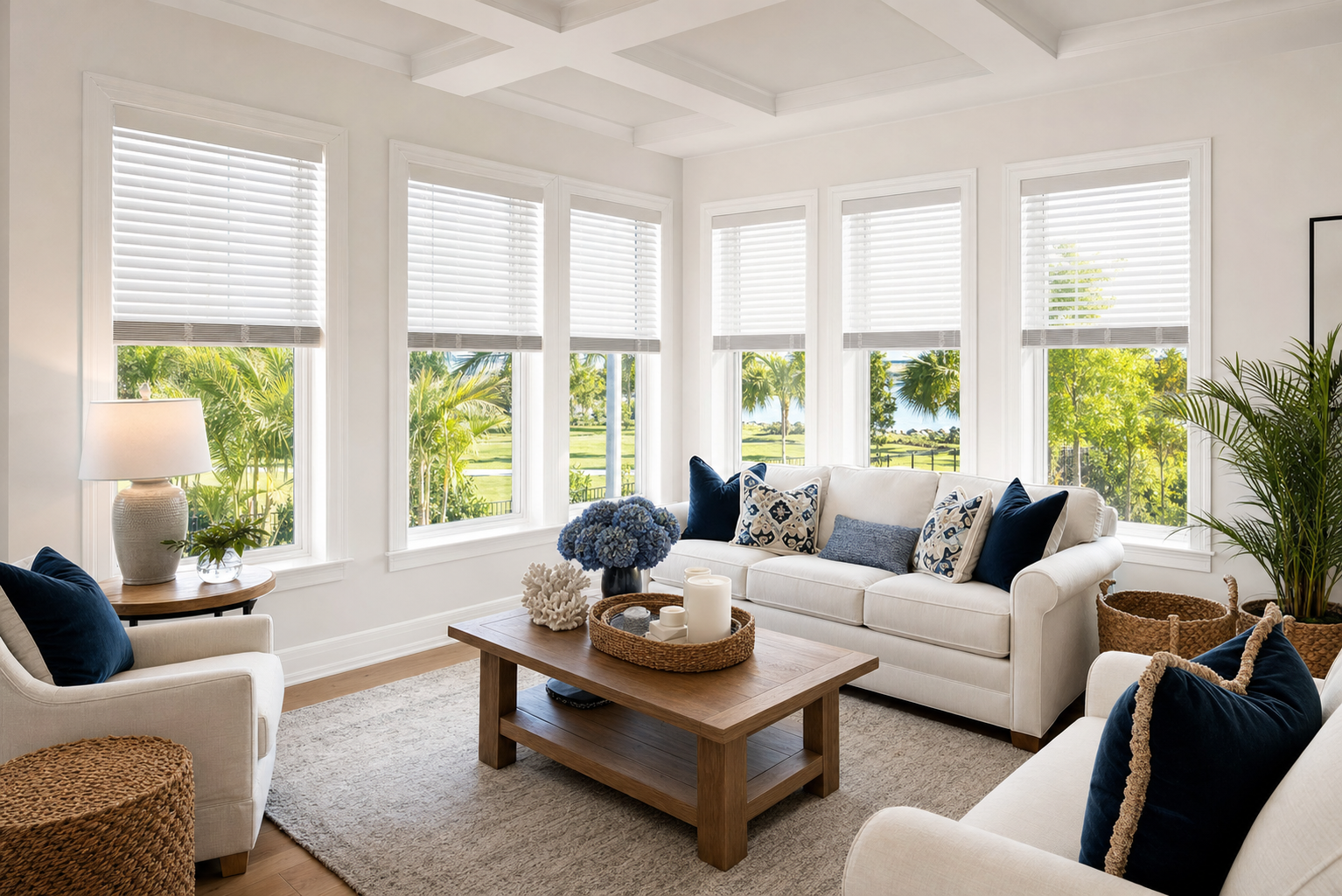 Bright modern living room with crisp white faux-wood blinds and soft daylight