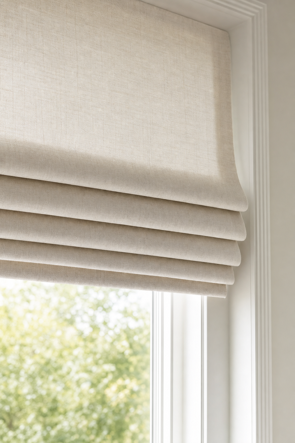 Roman shade with soft horizontal fabric folds in a bright window