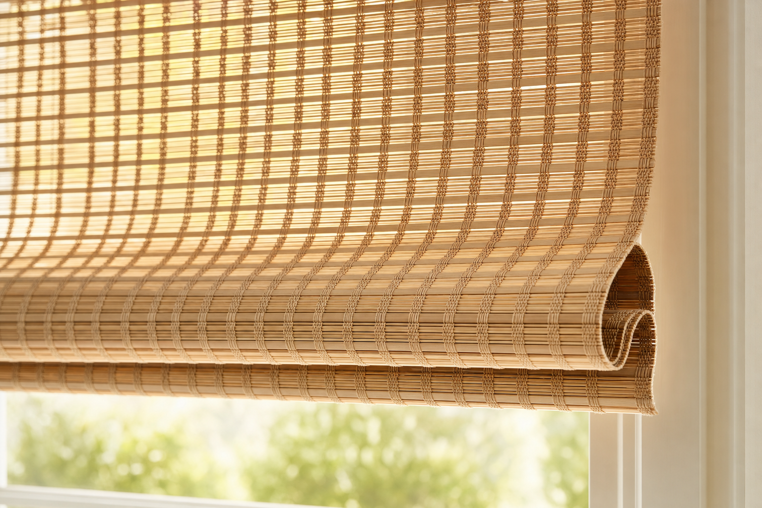 Woven wood shade made from natural bamboo and woven grasses